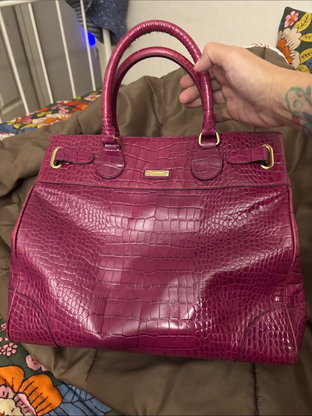 Lauren Ralph Lauren Croc-Embossed Satchel in Magenta